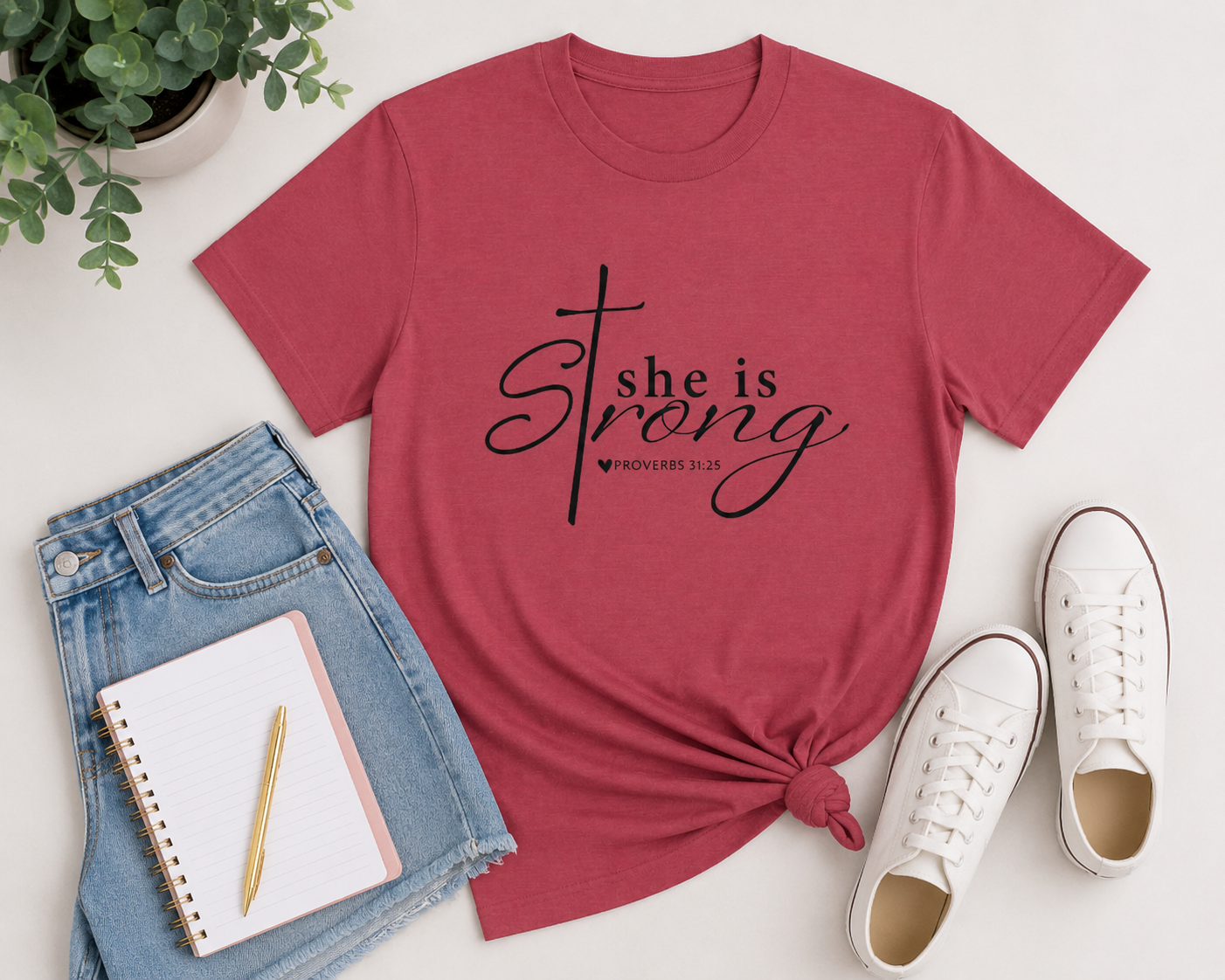Flat lay mockup of the crimson “She is Strong” Proverbs 31:25 youth Christian t-shirt styled with white sneakers, a notebook, denim shorts, and modern accessories on a clean neutral background.