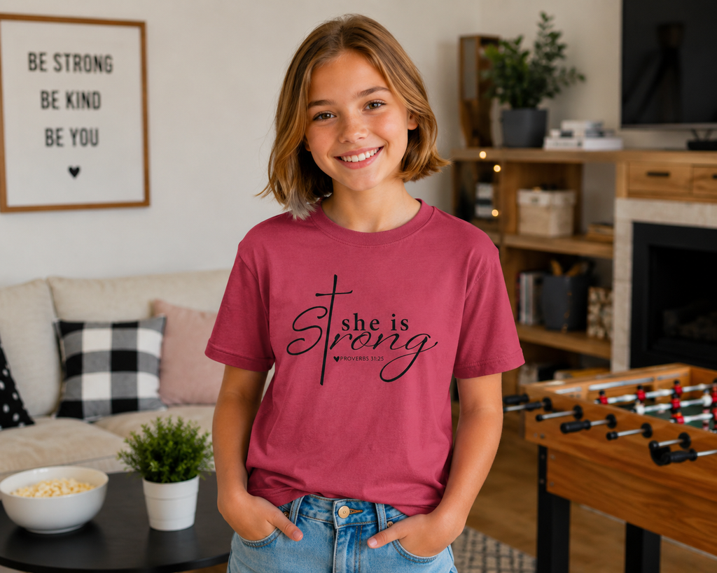 Young girl with short light brown hair wearing the crimson “She is Strong” youth Christian t-shirt in a modern living room and game room lifestyle setting.
