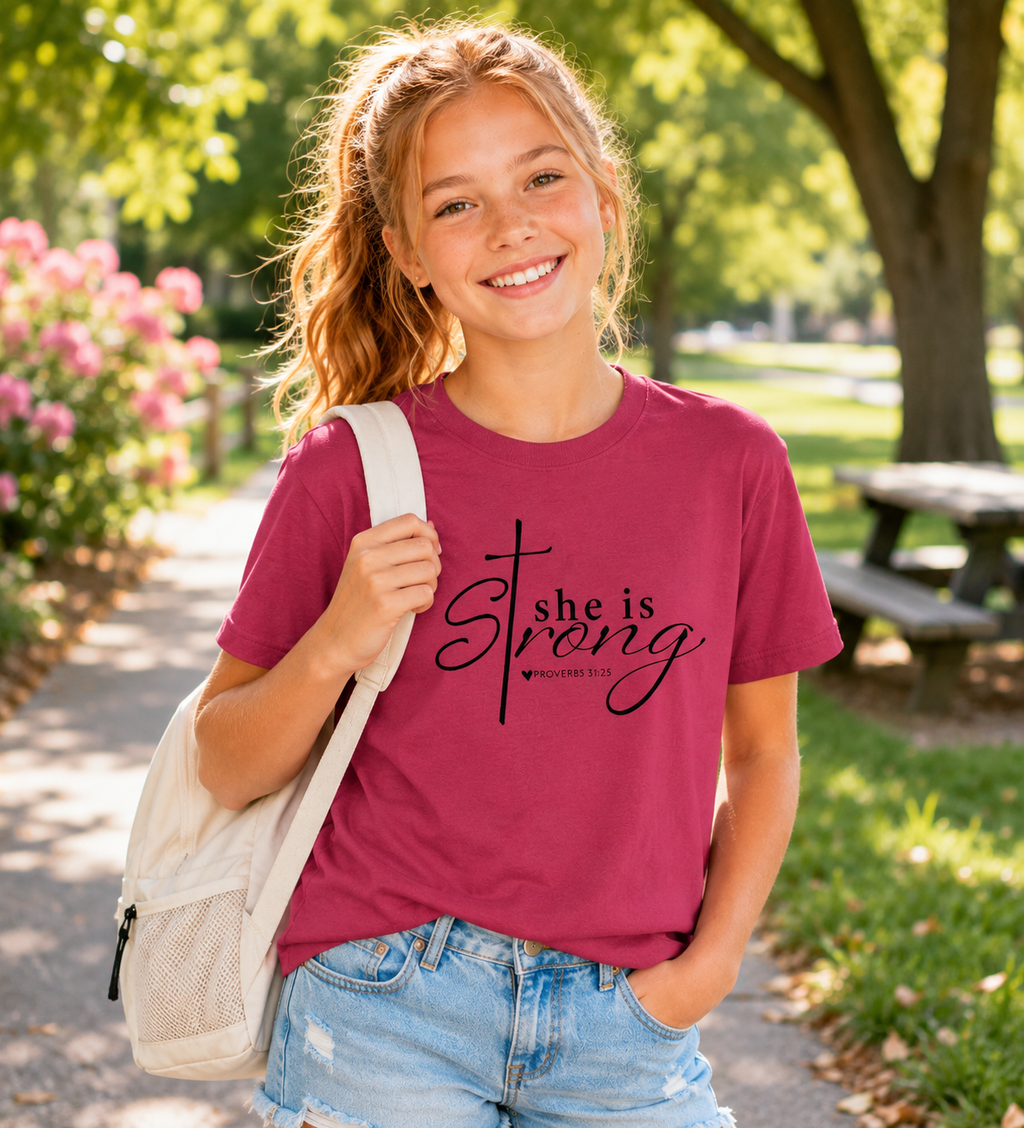 Tween girl with strawberry blonde hair in a ponytail wearing the crimson “She is Strong” Proverbs 31:25 youth Christian t-shirt while walking through a sunny park with a backpack over one shoulder.