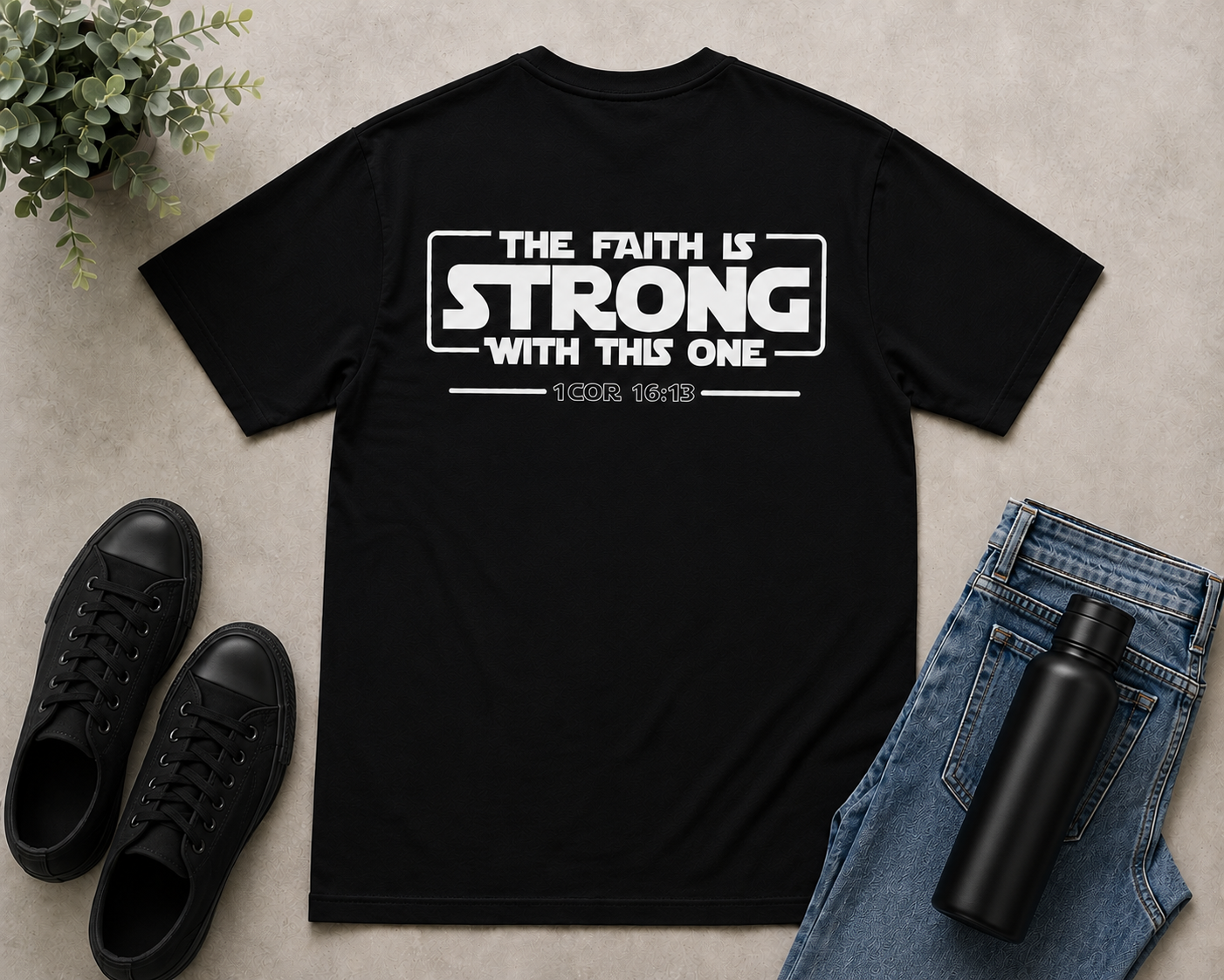 Black Christian “The Faith Is Strong With This One 1 Cor 16:13” t-shirt flat lay styled with black sneakers, denim, a matte black water bottle, and modern neutral accessories on a light textured background