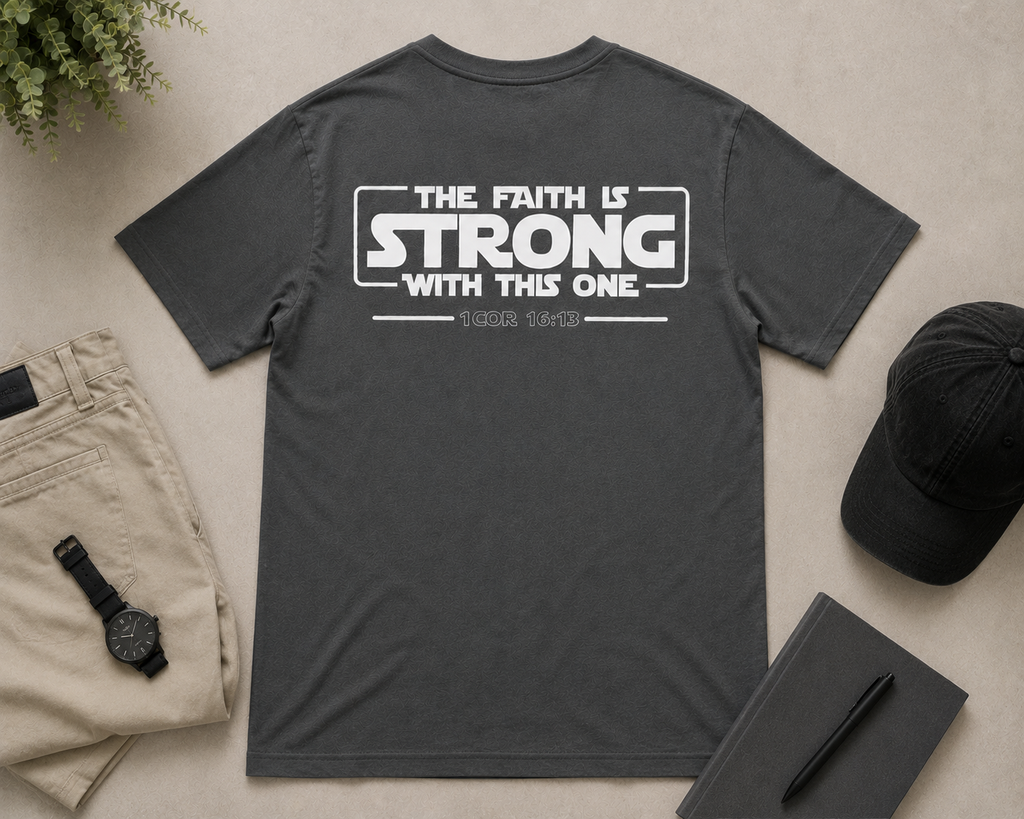 Pepper-colored Christian “The Faith Is Strong With This One 1 Cor 16:13” t-shirt flat lay styled with neutral chinos, a black cap, journal, and minimalist accessories on a soft beige background