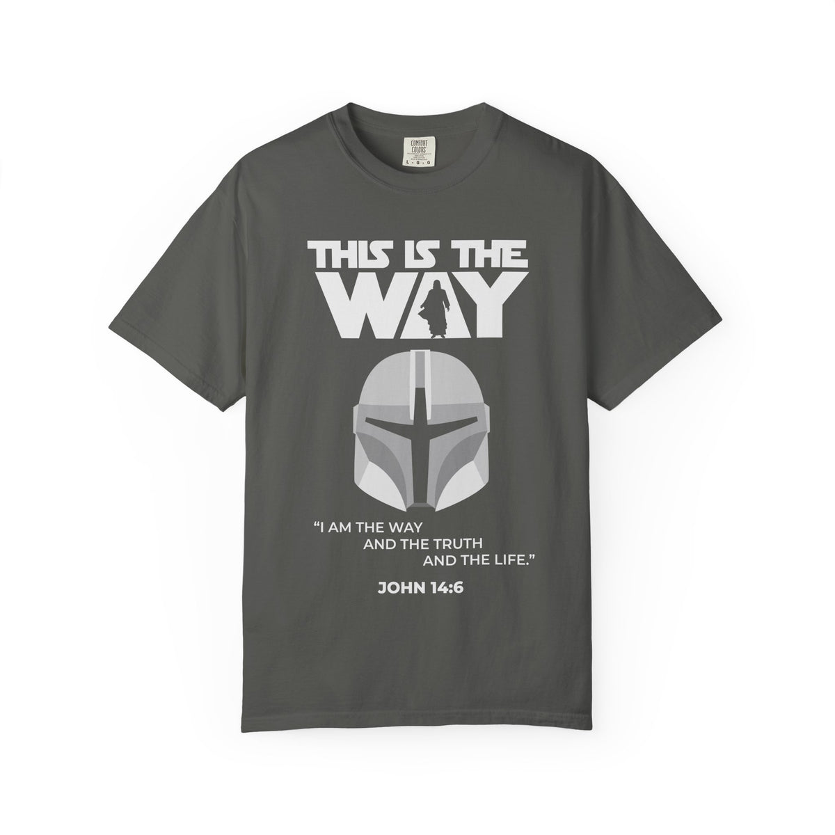 This Is the Way Christian T-shirt in pepper featuring John 14:6 and a faith-inspired sci-fi helmet design