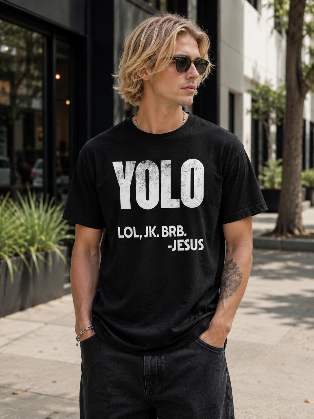 Young blonde man wearing black Christian humor t-shirt with “YOLO LOL, JK. BRB. -Jesus” graphic while standing outdoors on a modern city sidewalk in relaxed black jeans