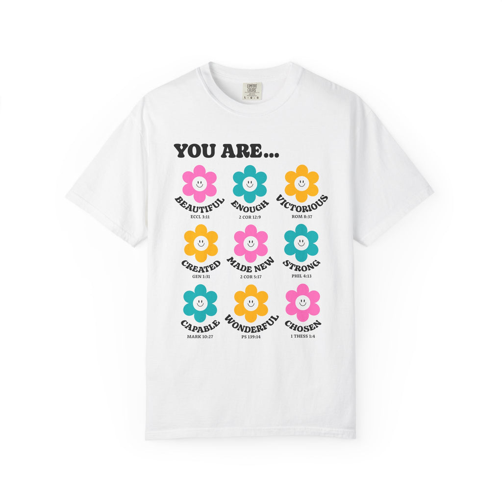 White Christian t-shirt with colorful retro flower design featuring uplifting Bible-based affirmations including “Beautiful,” “Enough,” and “Strong”