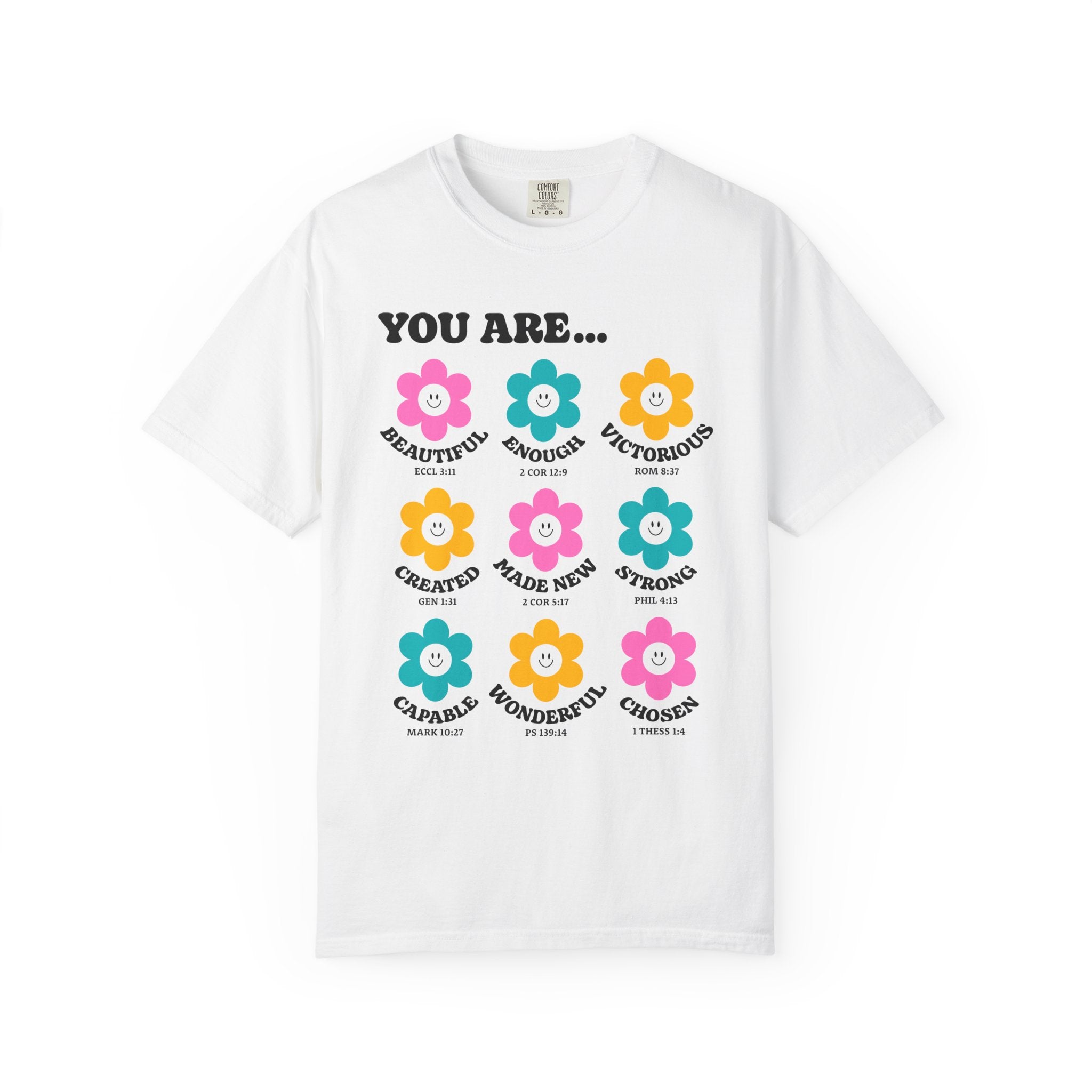 White Christian t-shirt with colorful retro flower design featuring uplifting Bible-based affirmations including “Beautiful,” “Enough,” and “Strong”