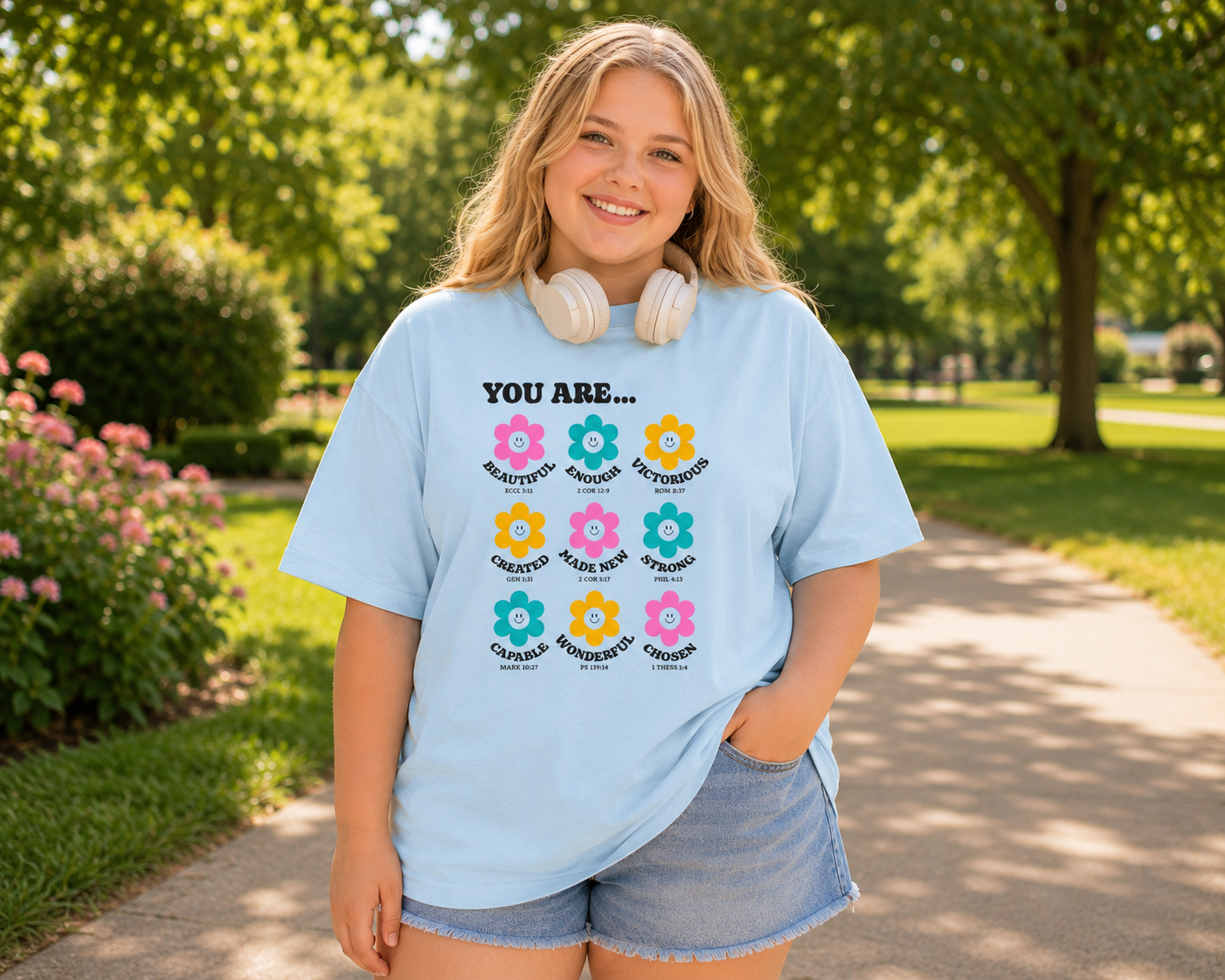Tween girl with long blonde hair wearing the chambray blue “You Are…” youth Christian t-shirt in a sunny park setting with wireless headphones around her neck and a modern casual style.